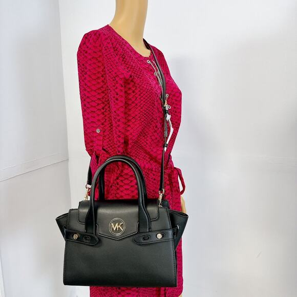 MICHAEL KORS 35S2GNMS8L Carmen Medium Faux Leather Belted Satchel Black - Picture 1 of 7